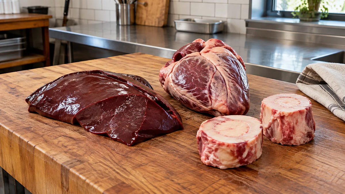 Grass-fed organ cuts on a butcher surface