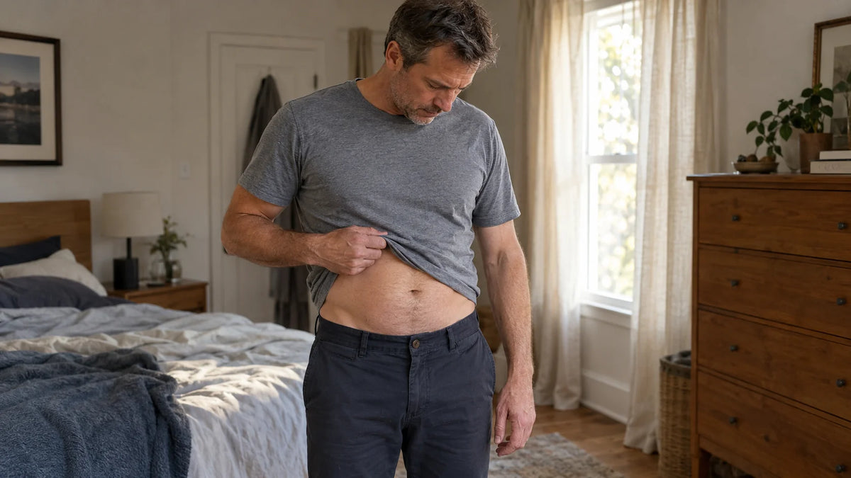 Man looking down at his midsection